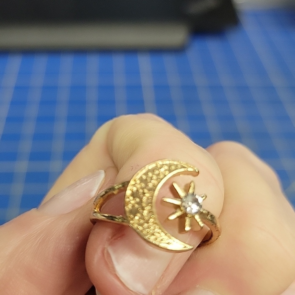 Moon & Diamond Faux Star Gold Tone Ring Size 9 Adjustable
